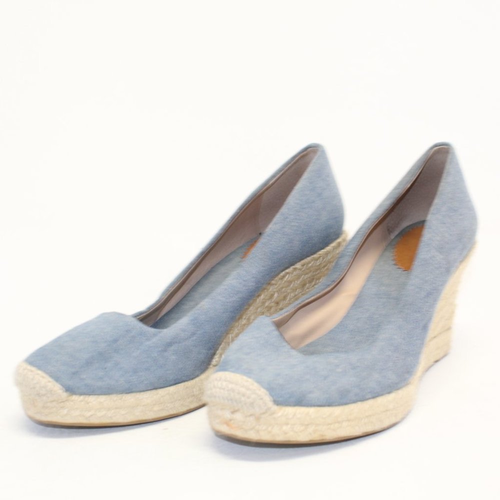 J Crew Factory Blue Canvas Slip On Espadrille High Heel Wedges Shoes #127 - Picture 6 of 10